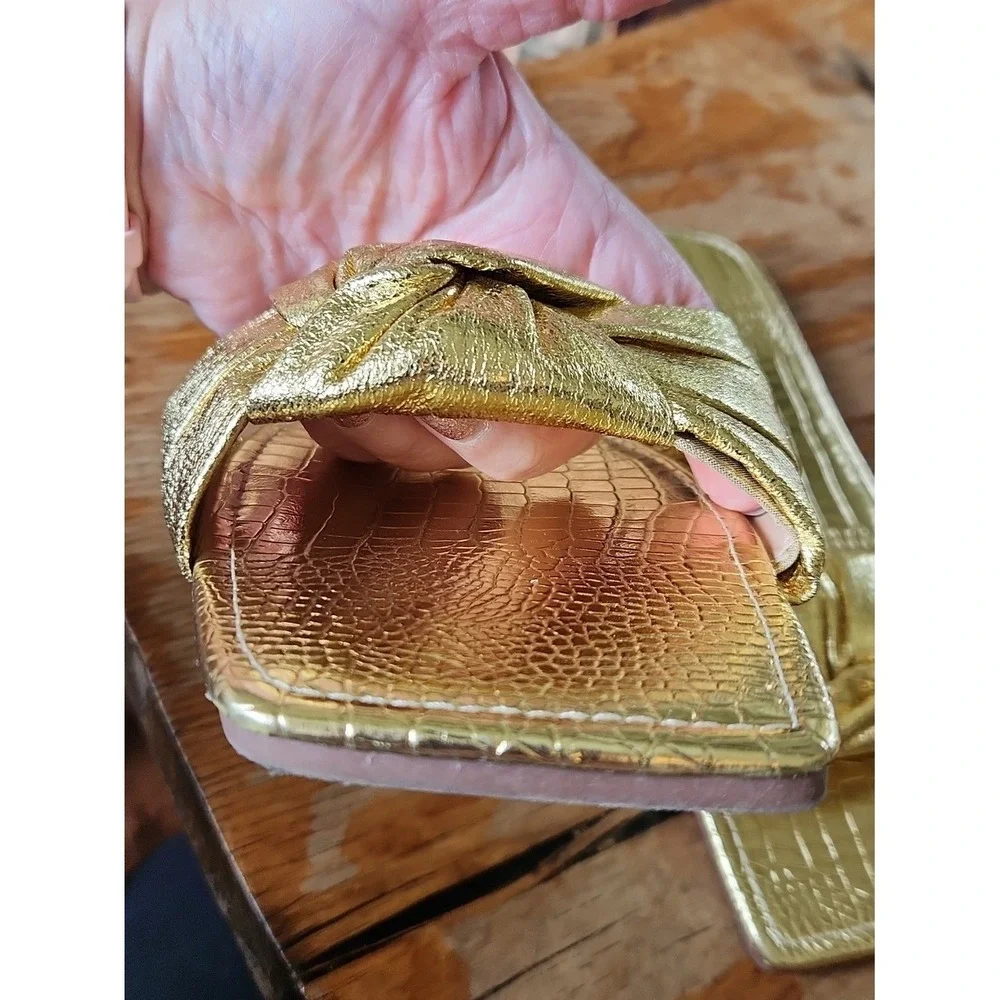 Metallic‎ Gold Knotted Croc Embossed Slides Flats Square Toe EUR 43